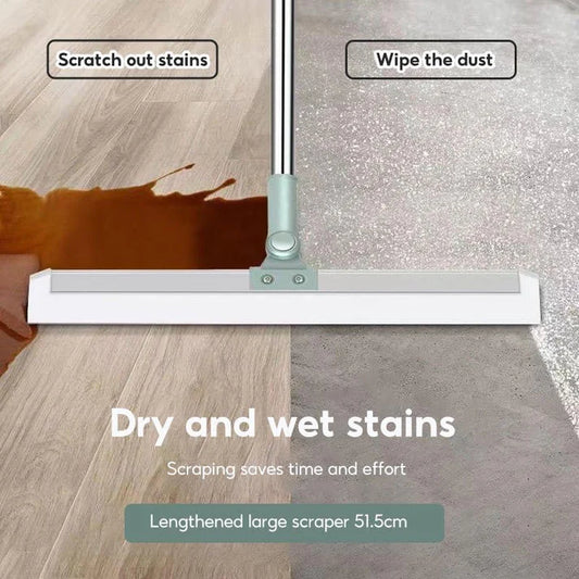 Cleaning tool being used on a wooden floor with a stain, labeled for dry and wet stains.