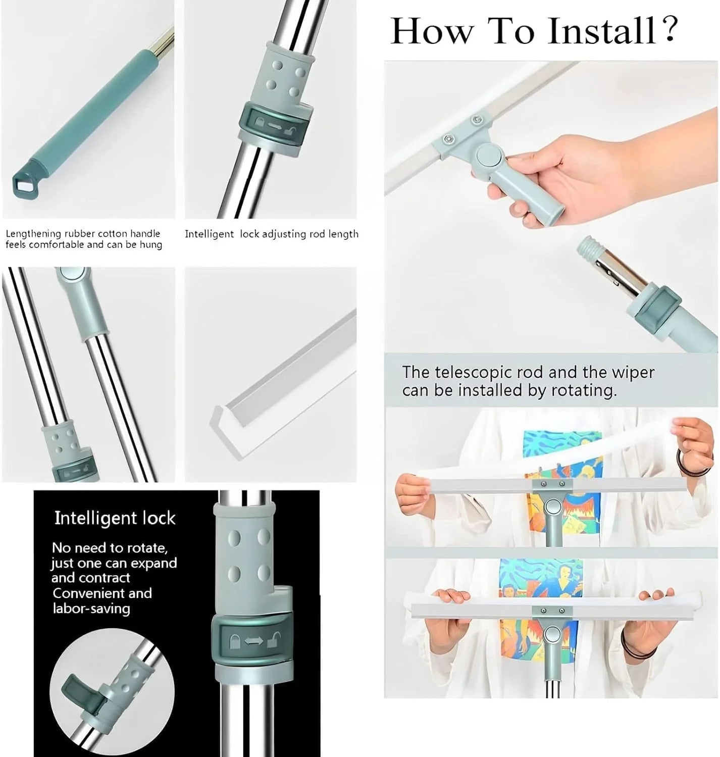 Instructions on how to install a telescopic rod and wiper system.