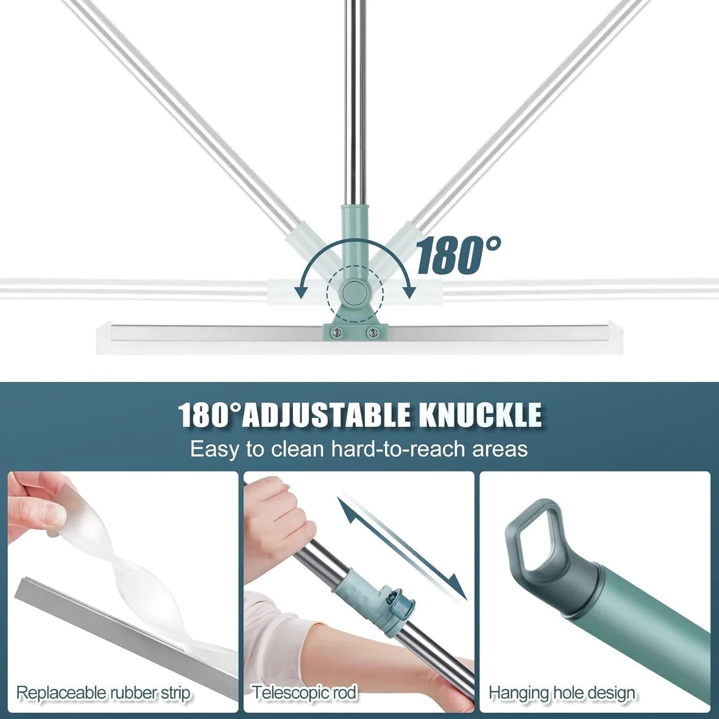 Adjustable window cleaning tool with telescopic rod and replaceable rubber strip features.