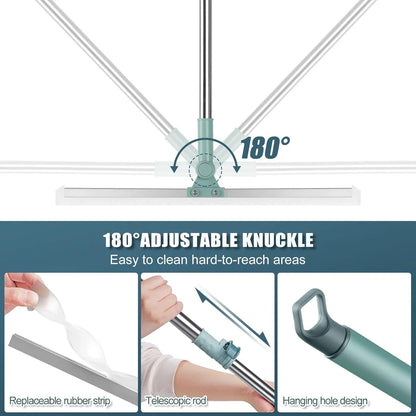 Adjustable window cleaning tool with telescopic rod and replaceable rubber strip features.