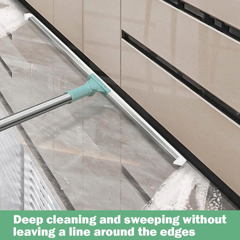 Cleaning tool being used to clean a glass surface with text 'Deep cleaning and sweeping without leaving a line around the edges'.