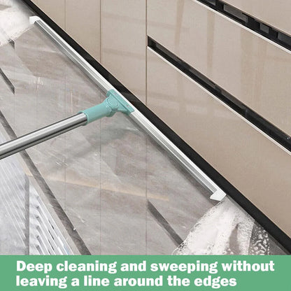 Cleaning tool being used to clean a glass surface with text 'Deep cleaning and sweeping without leaving a line around the edges'.